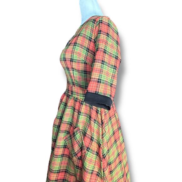 Retrolicious Orange Green Plaid Fit & Flare Dress With Pockets Size Small Retro - Picture 5 of 11